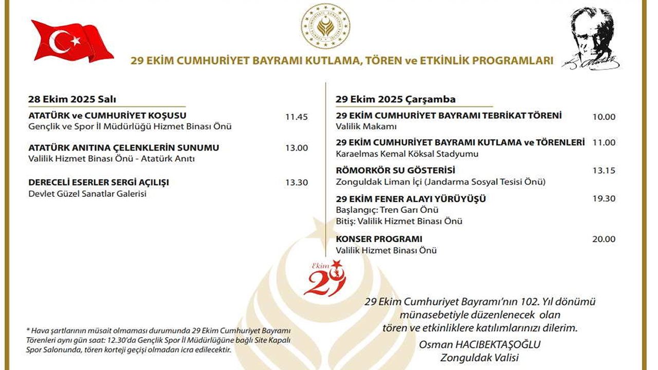 ZONGULDAK'TA 29 EKİM KUTLAMA PROGRAMI BELLİ OLDU