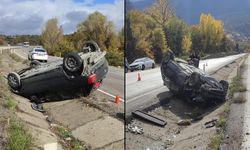 OTOMOBİL ORTA REFÜJE ÇARPIP TAKLA ATTI