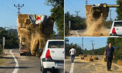 YENİCE'DE KAMYONDAN YOLA SAVRULAN BALYALAR TEHLİKE SAÇTI