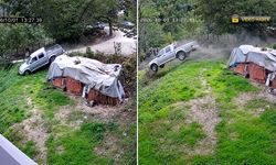 PİKAP BAHÇEYE UÇTU 3 KİŞİ ÖLÜMDEN DÖNDÜ