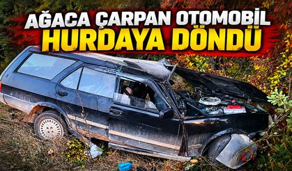 AĞACA ÇARPAN OTOMOBİL HURDAYA DÖNDÜ