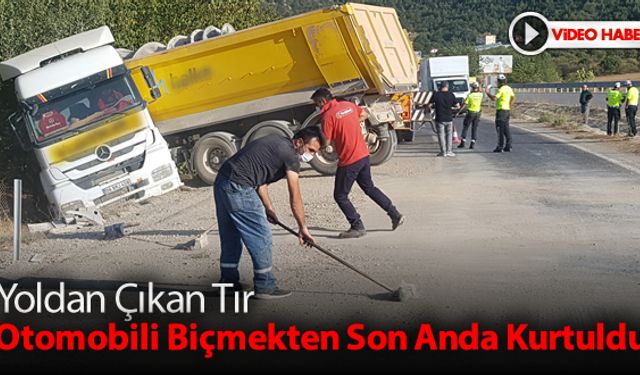 YOLDAN ÇIKARAK KARŞI ŞERİDE GEÇEN TIR, BANKETTEN AŞAĞI DÜŞTÜ