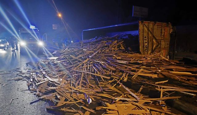 ODUN YÜKLÜ KAMYON DEVRİLDİ SÜRÜCÜSÜ YARALANDI