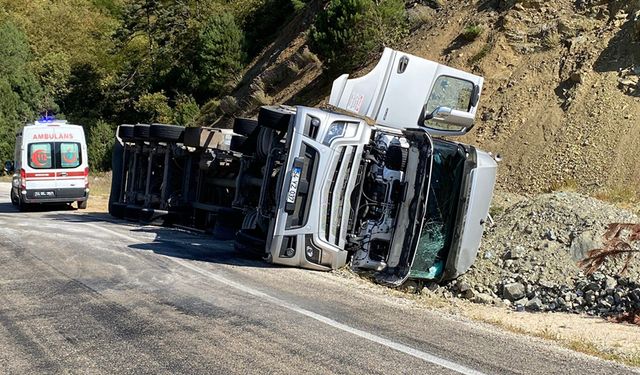 VİRAJI ALAMAYAN YEM YÜKLÜ TIR DEVRİLDİ