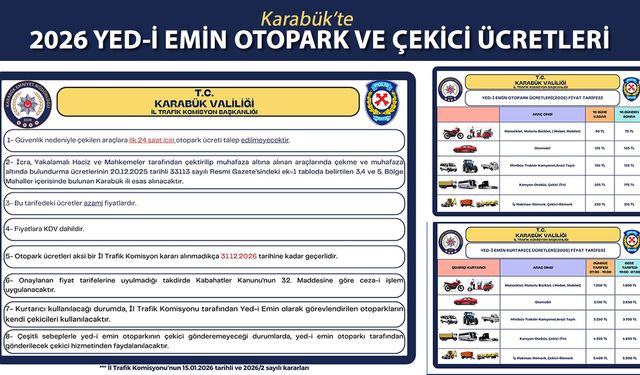 KARABÜK'TE YED-İ EMİN OTOPARK VE ÇEKİCİ ÜCRETLERİ AÇIKLANDI