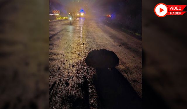 YENİCE'DE YAMAÇTAN KOPAN KAYALAR YOLU KAPATTI