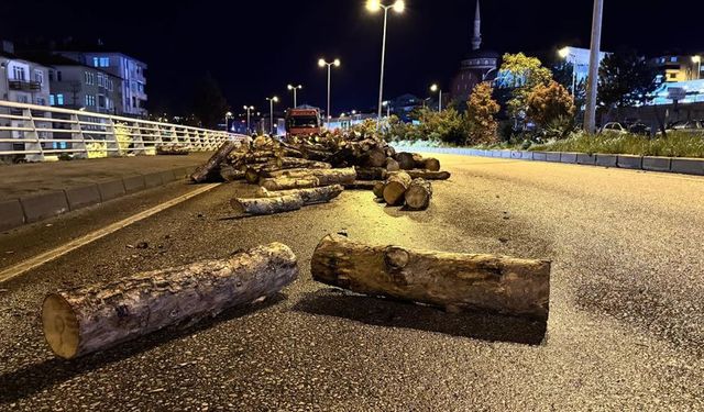 SEYİR HALİNDEKİ KAMYONDA TEHLİKE: ODUNLAR YOLA SAÇILDI