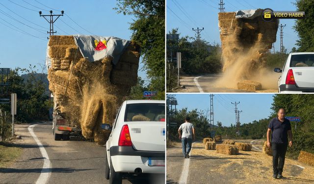 YENİCE'DE KAMYONDAN YOLA SAVRULAN BALYALAR TEHLİKE SAÇTI