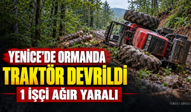 YENİCE'DE ORMANDA TRAKTÖR DEVRİLDİ BİR KİŞİ AĞIR YARALI