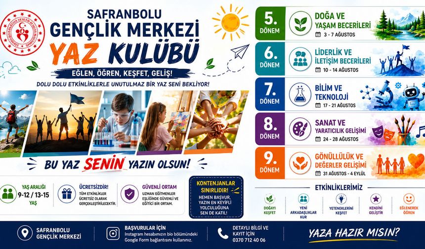 SAFRANBOLU GENÇLİK MERKEZİ YAZ KULÜBÜ'NDE 5. DÖNEM KAYITLARI DEVAM EDİYOR