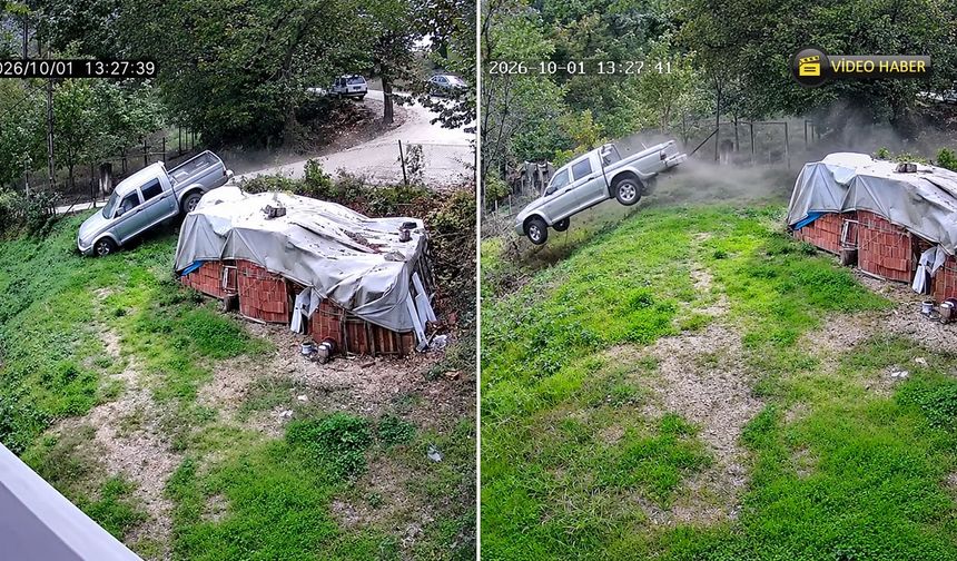PİKAP BAHÇEYE UÇTU 3 KİŞİ ÖLÜMDEN DÖNDÜ